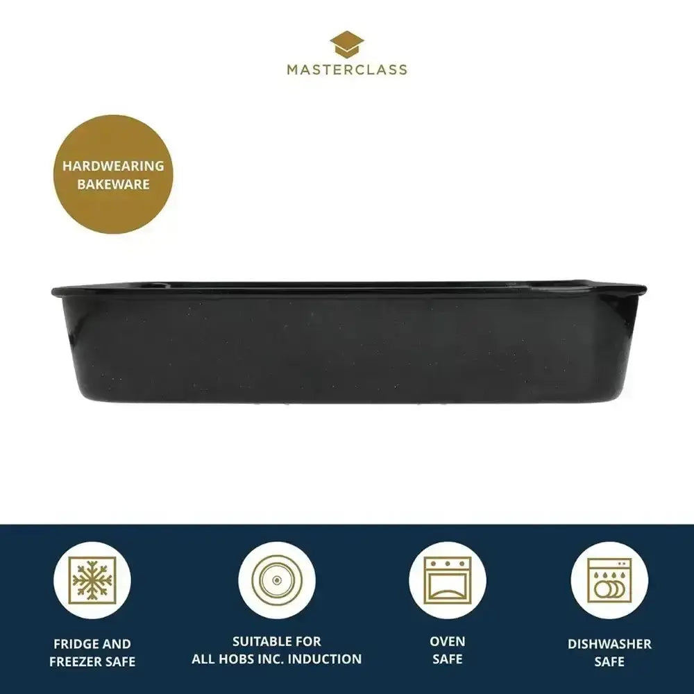 Black baking tray with Masterclass branding and product features on a white background