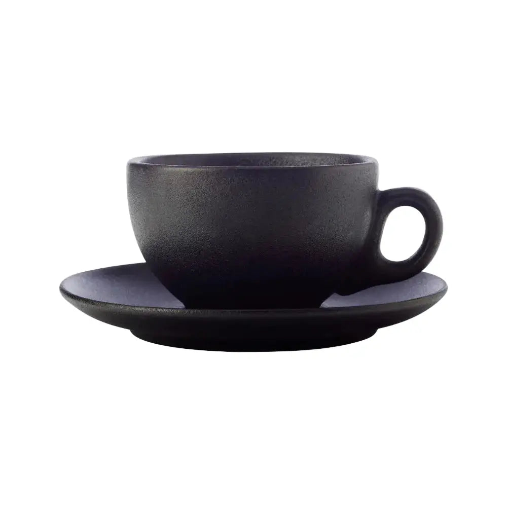 Black ceramic cup and saucer set on a white background