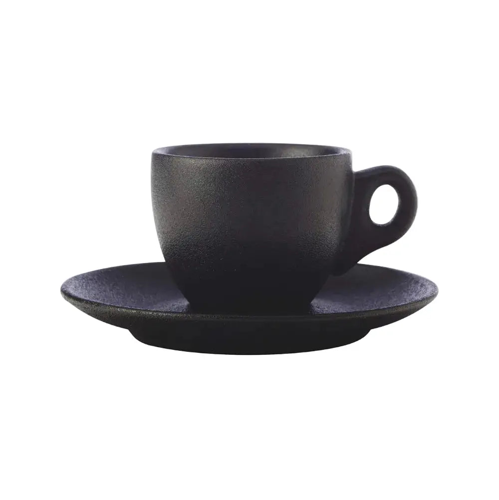 Black ceramic cup and saucer set on a white background