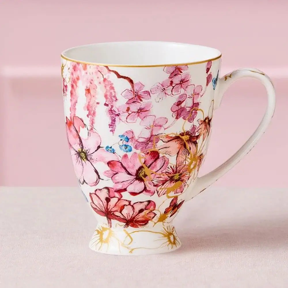 Floral mug with pink flowers on a pink background