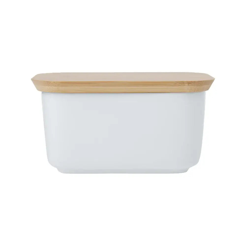White ceramic container with a wooden lid on a white background