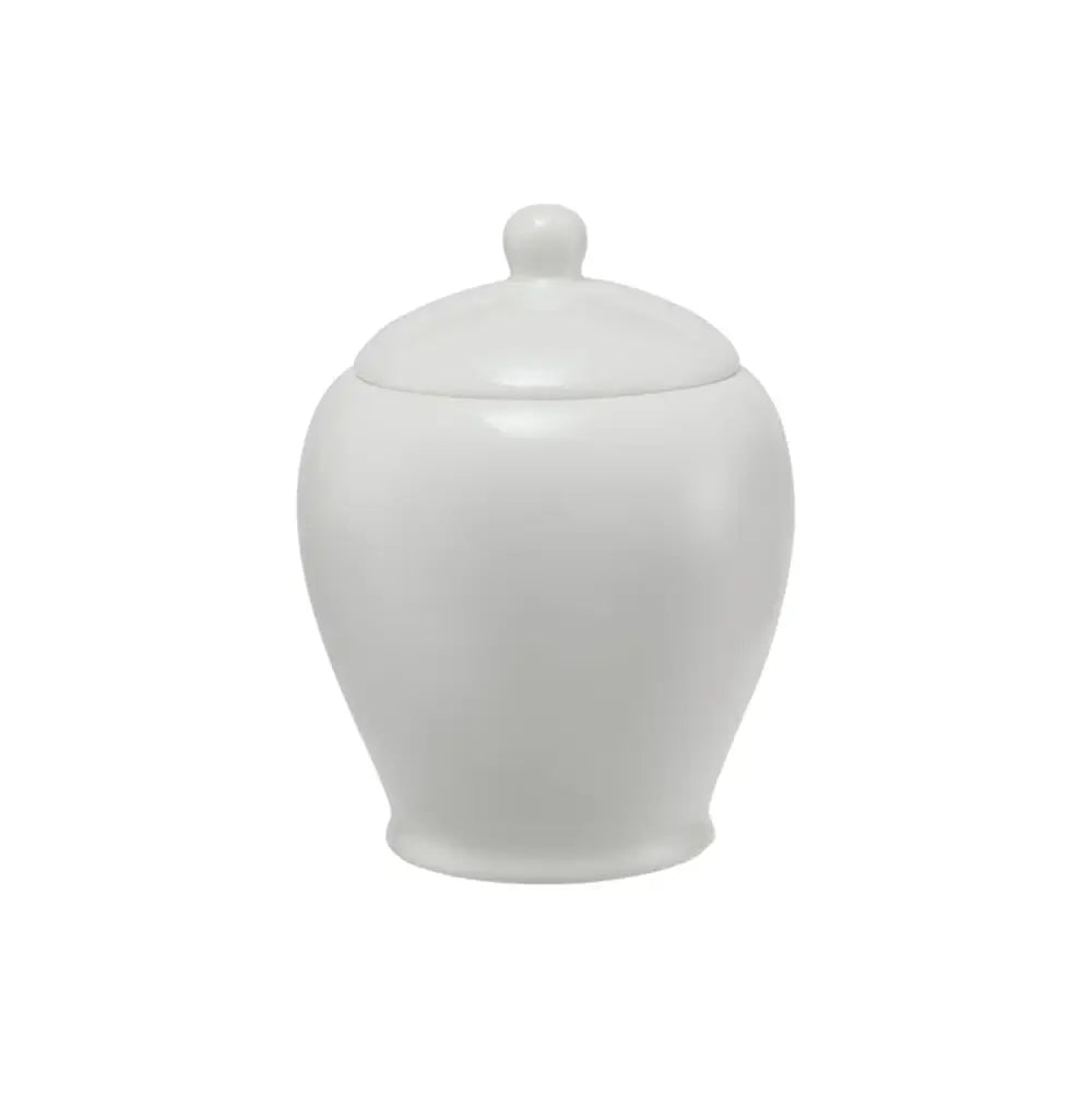 White ceramic jar with a lid on a white background