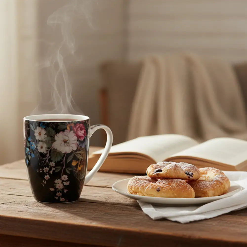 Steaming mug with floral design on a wooden table next to a plate of pastries and an open book.