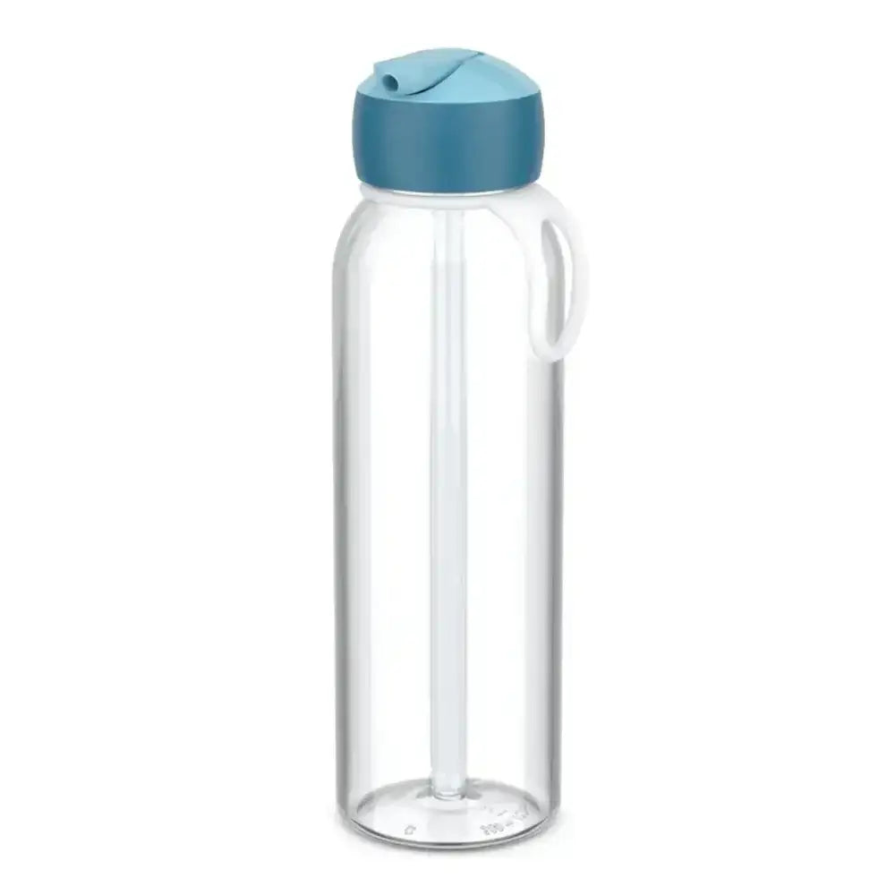 Clear water bottle with a blue cap on a white background