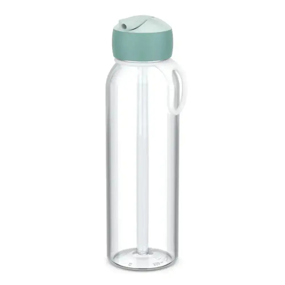 Clear water bottle with a green cap on a white background