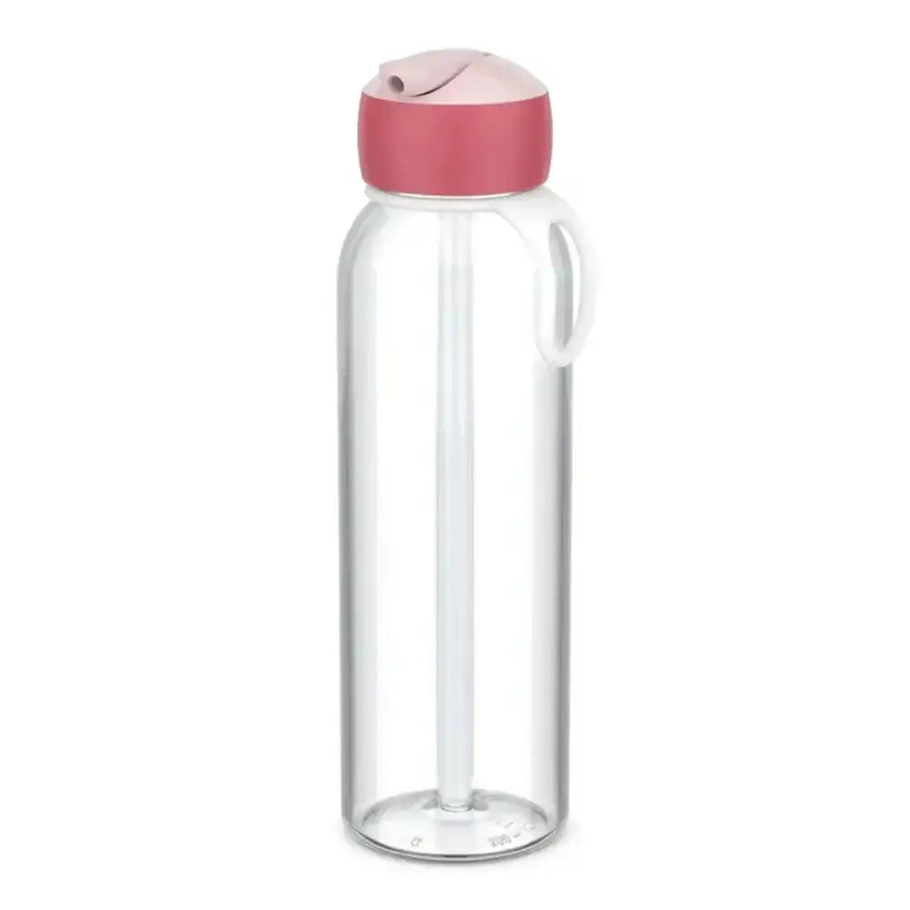 Clear bottle with a pink lid on a white background