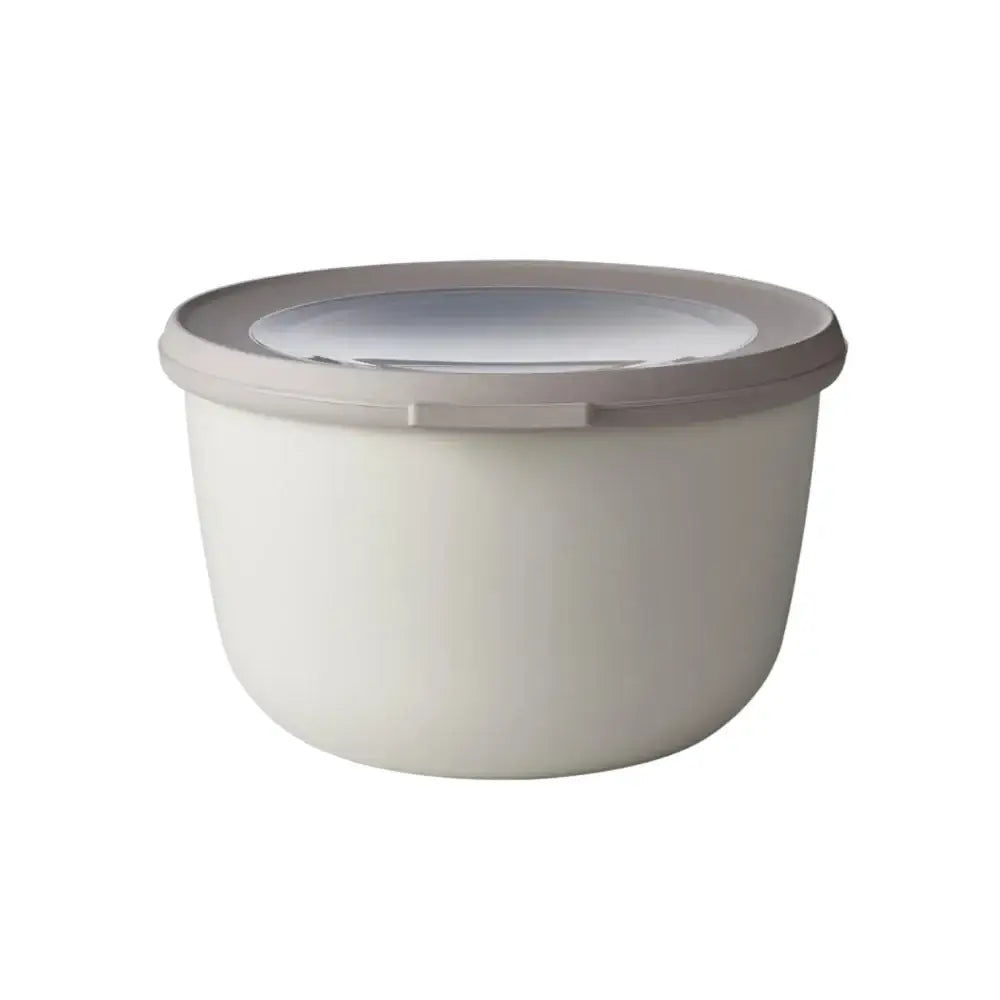 White plastic container with a gray lid on a white background