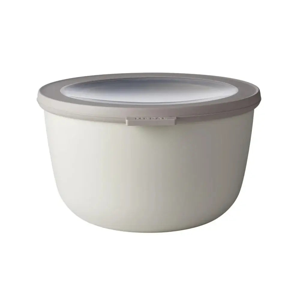 White bowl with a gray lid on a white background
