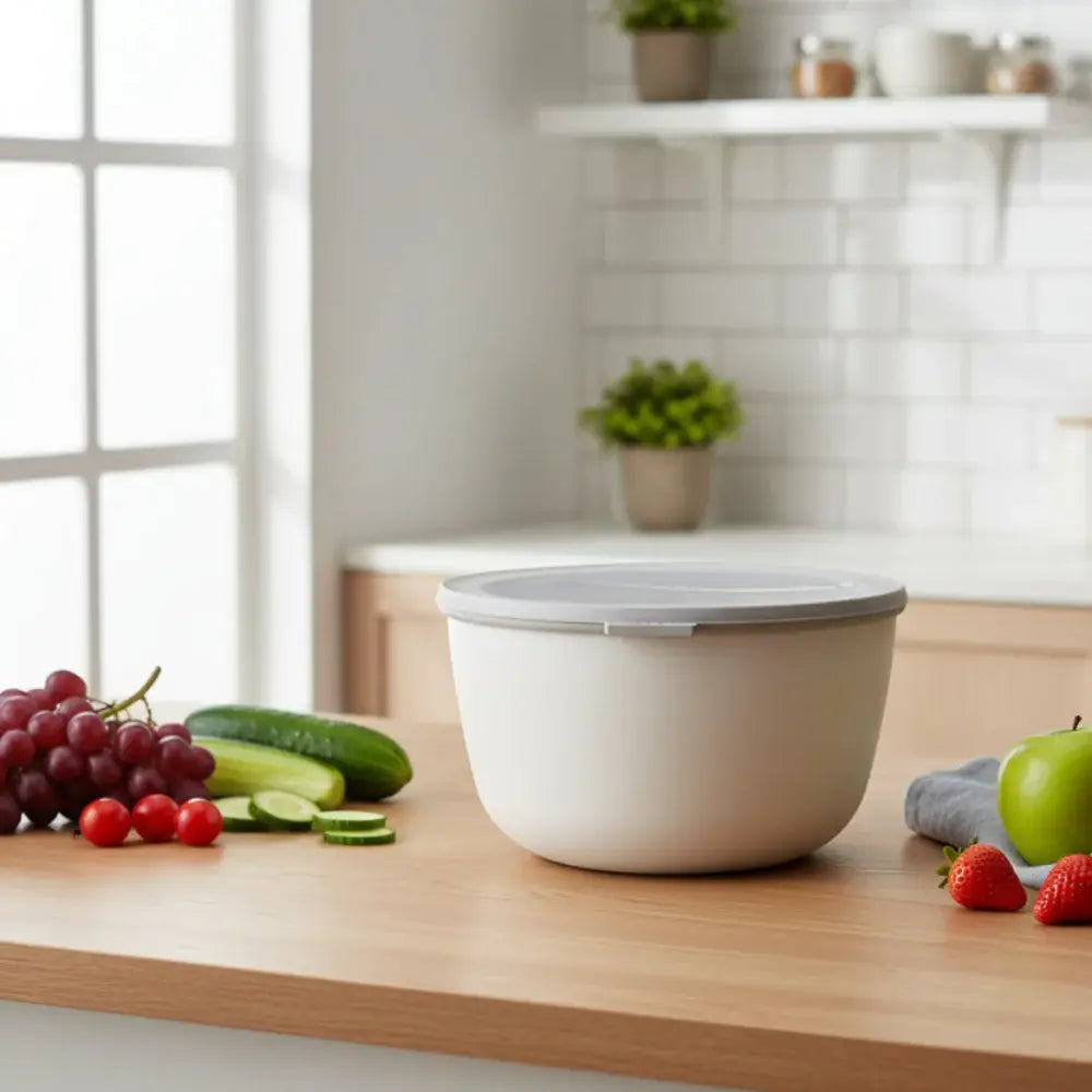 White bowl with a gray rim on a white background