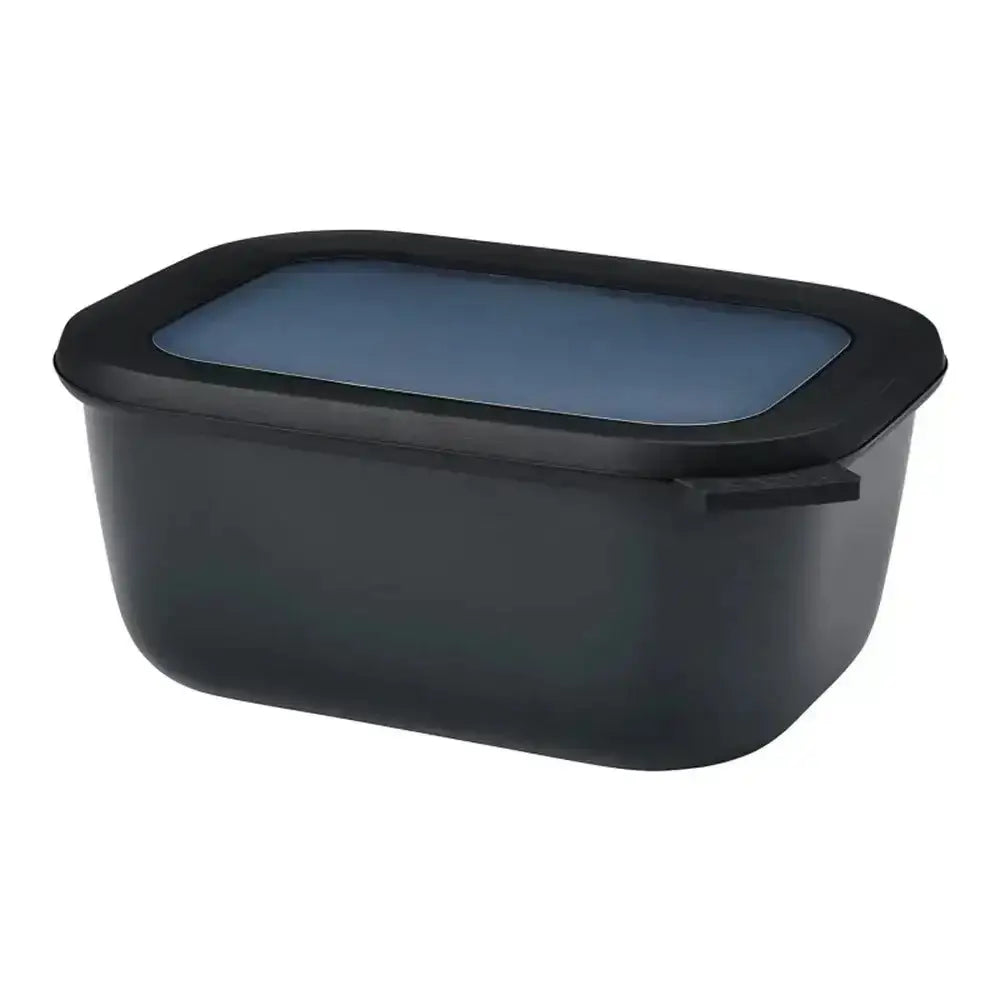 Black storage container with a blue lid on a white background