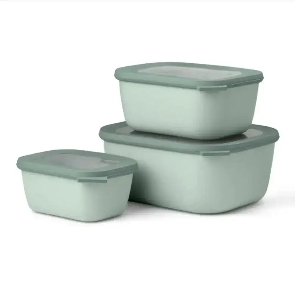 Set of three matte sage green plastic food storage containers with lids by Mepal Cirqula deep rectangular multi bowl