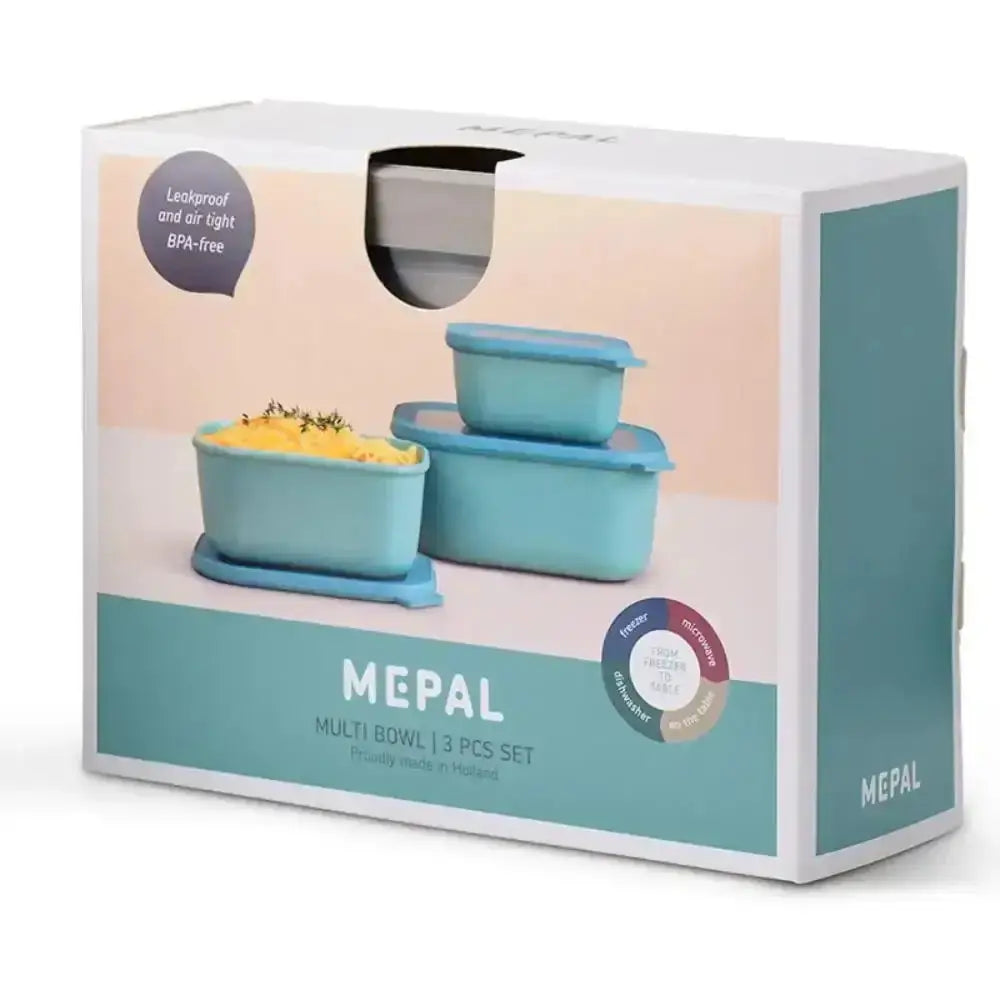 Mepal multi-bowl set packaging with two blue bowls on a white background
