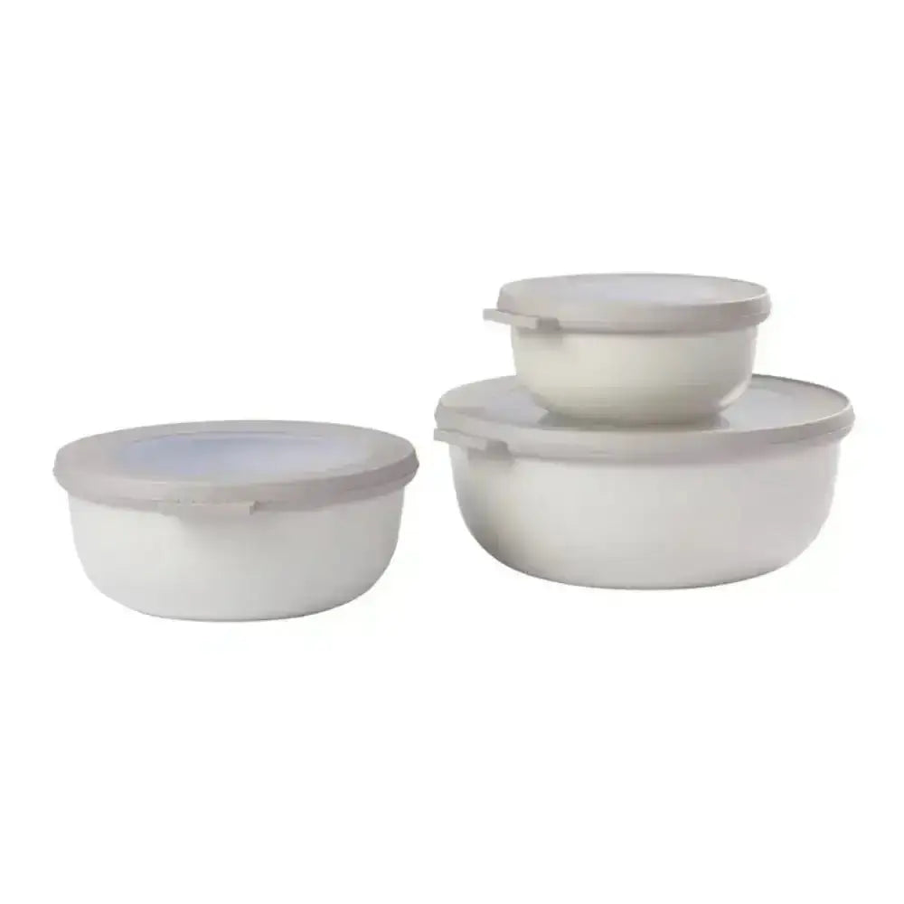 Set of three white round storage bowls with airtight lids, kitchen food containers
