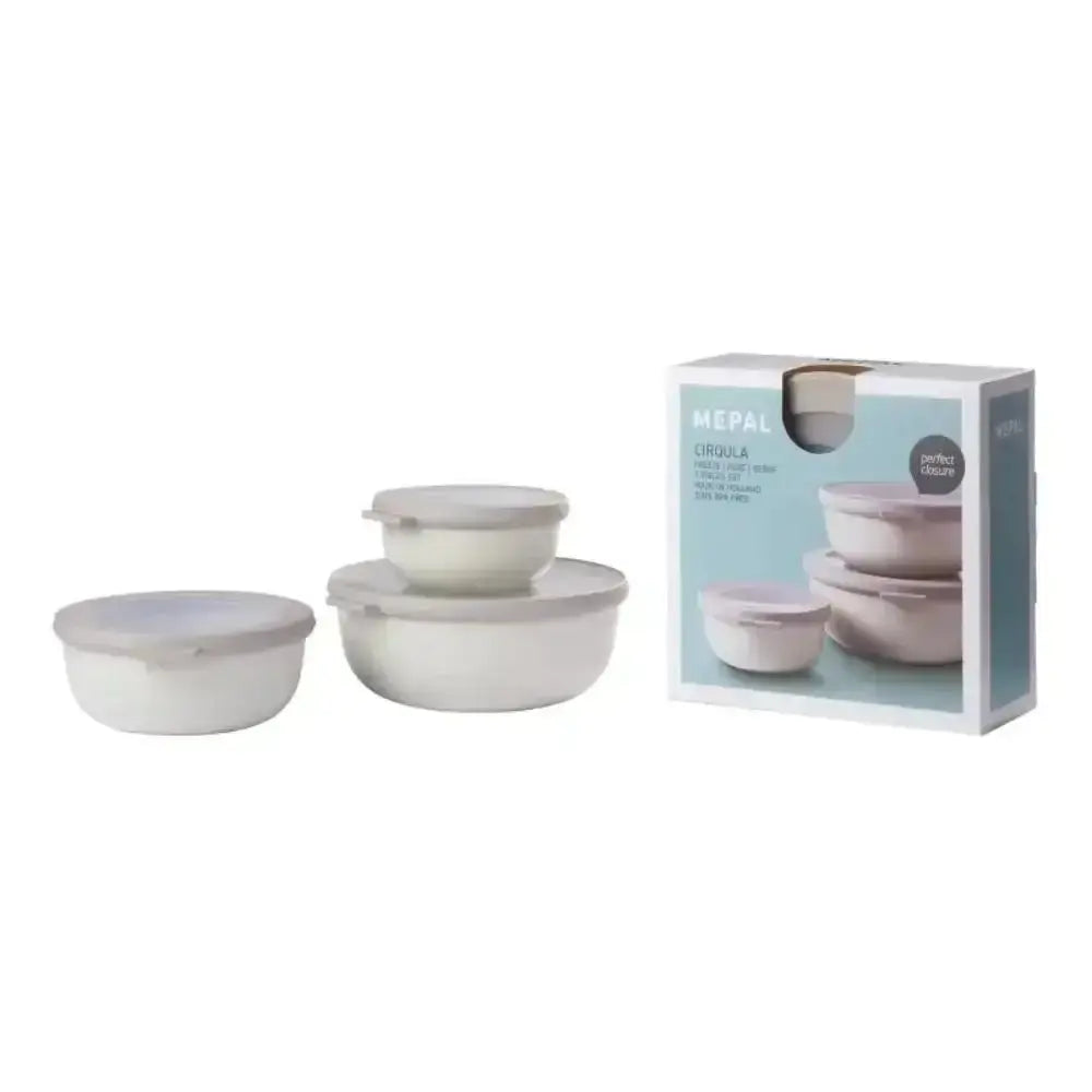 Set of three white nesting storage bowls with lids, shown beside retail packaging box.