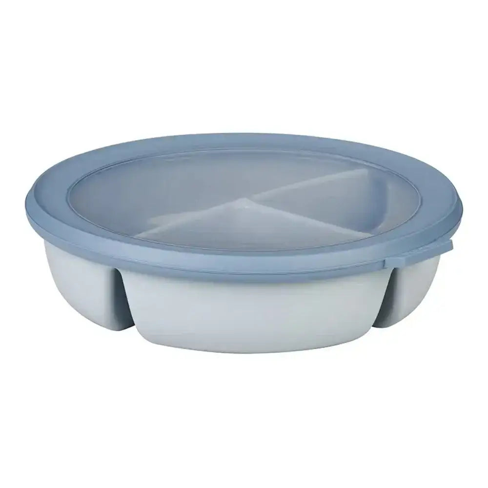 Round plastic container with a blue lid on a white background