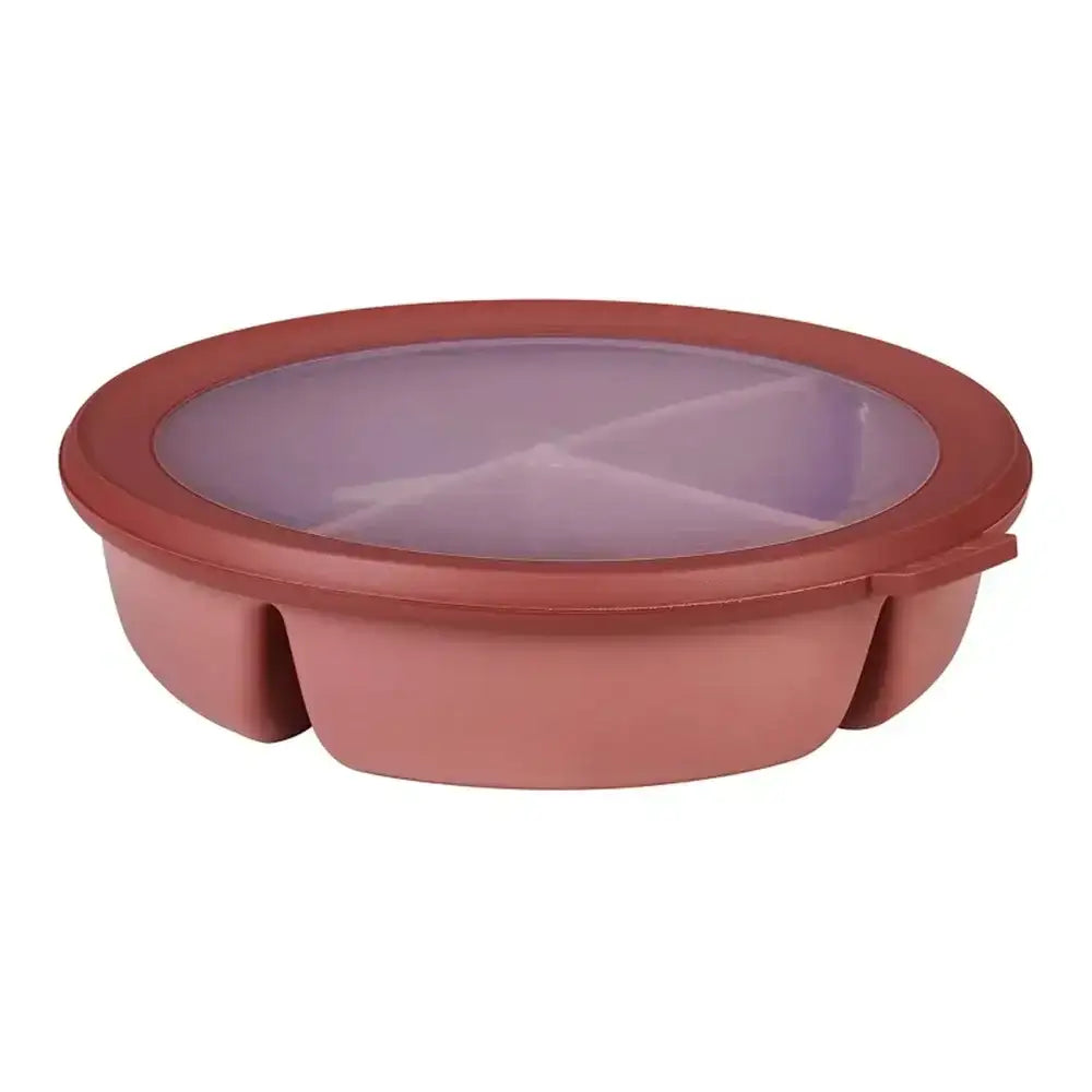Terracotta-colored bento bowl with a clear lid on a white background