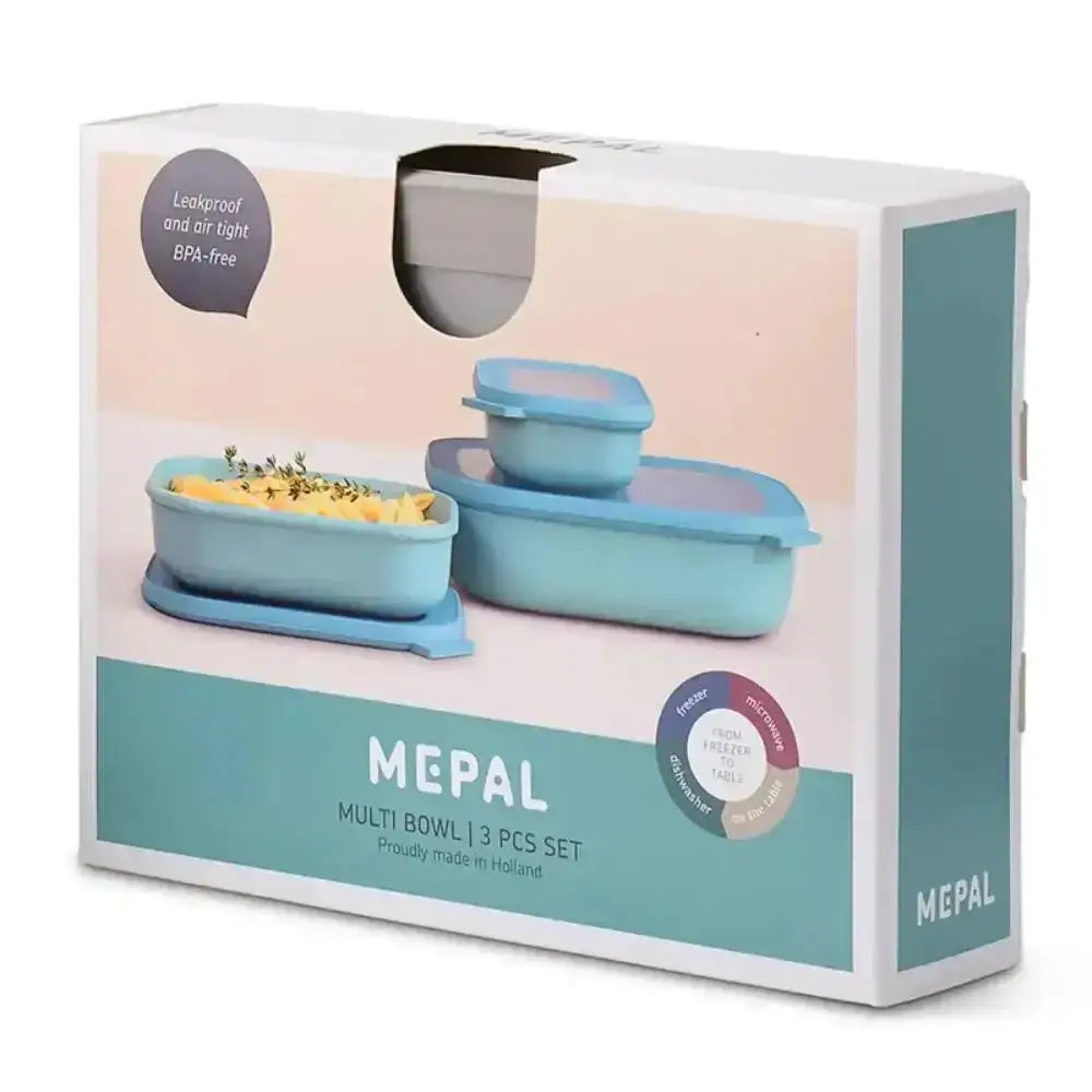 Mepal multi-bowl set packaging with blue bowls on a white background