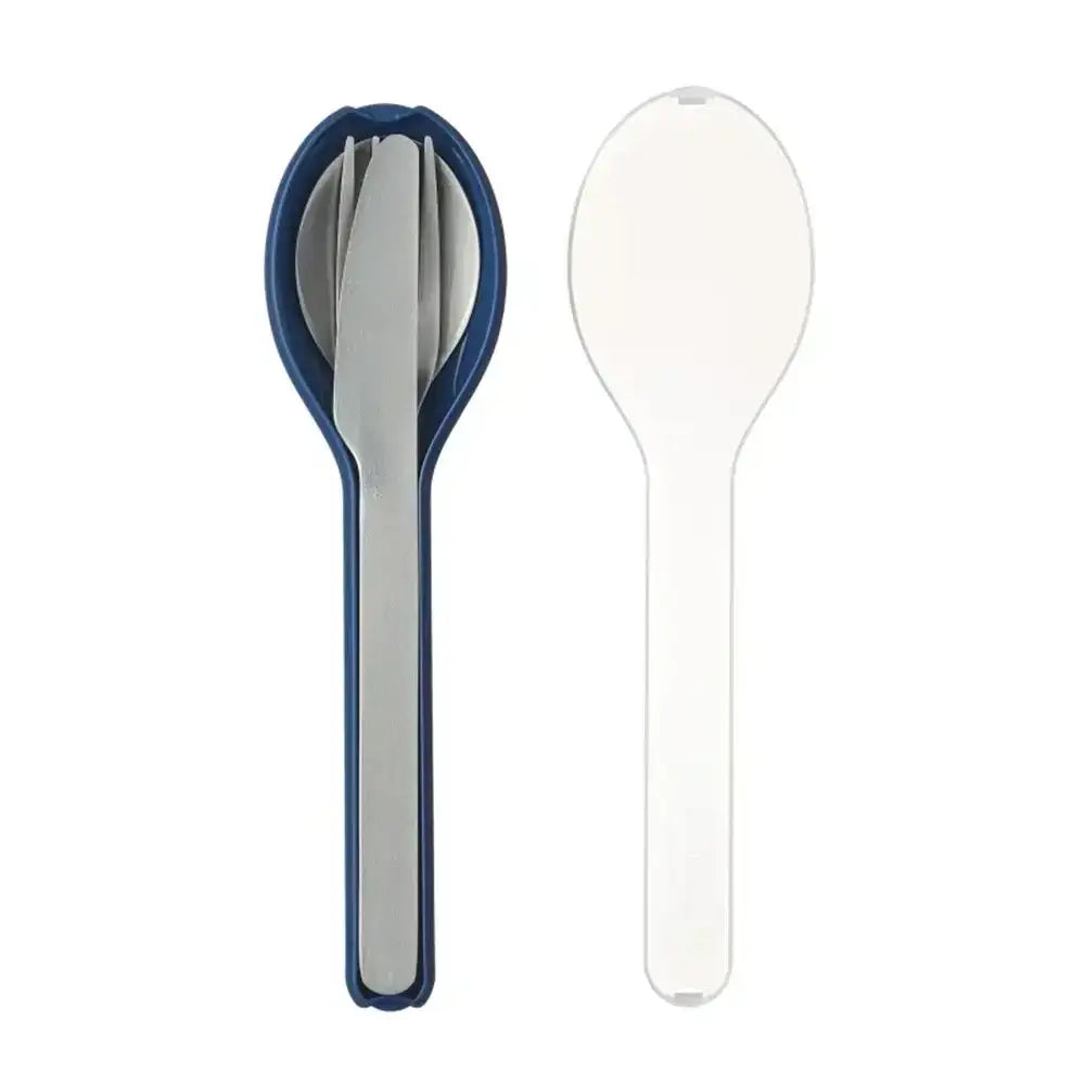 Blue and silver spoon and fork set on a white background