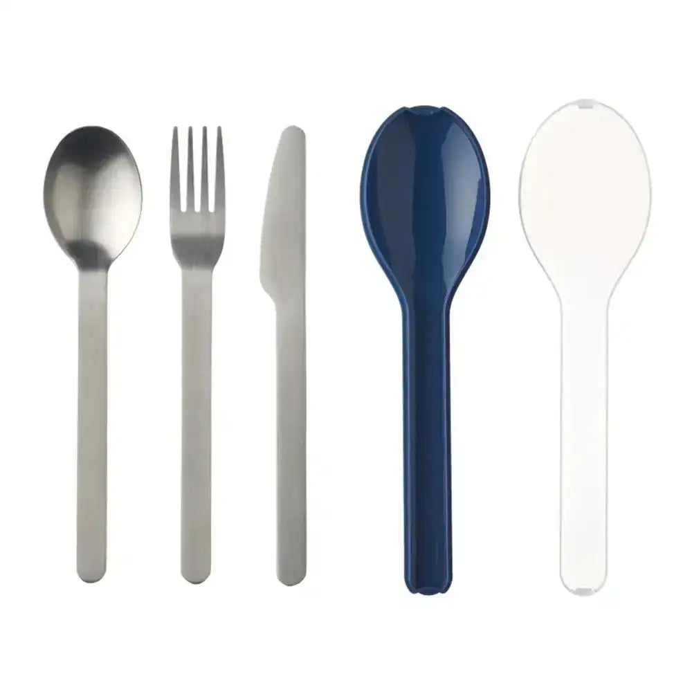 Set of cutlery including a spoon, fork, knife, and two additional spoons on a white background.