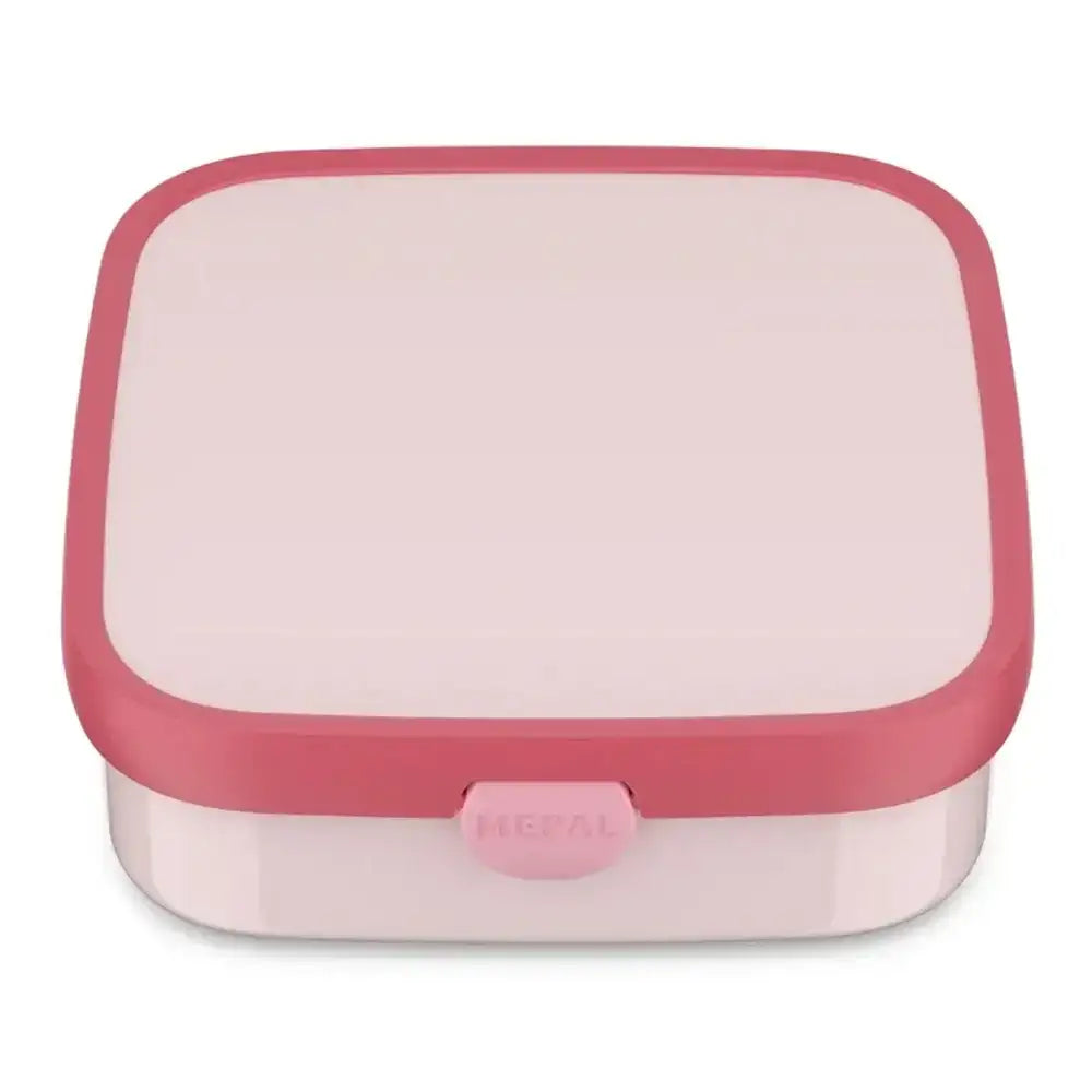 Pink and white rectangular container with a lid on a white background
