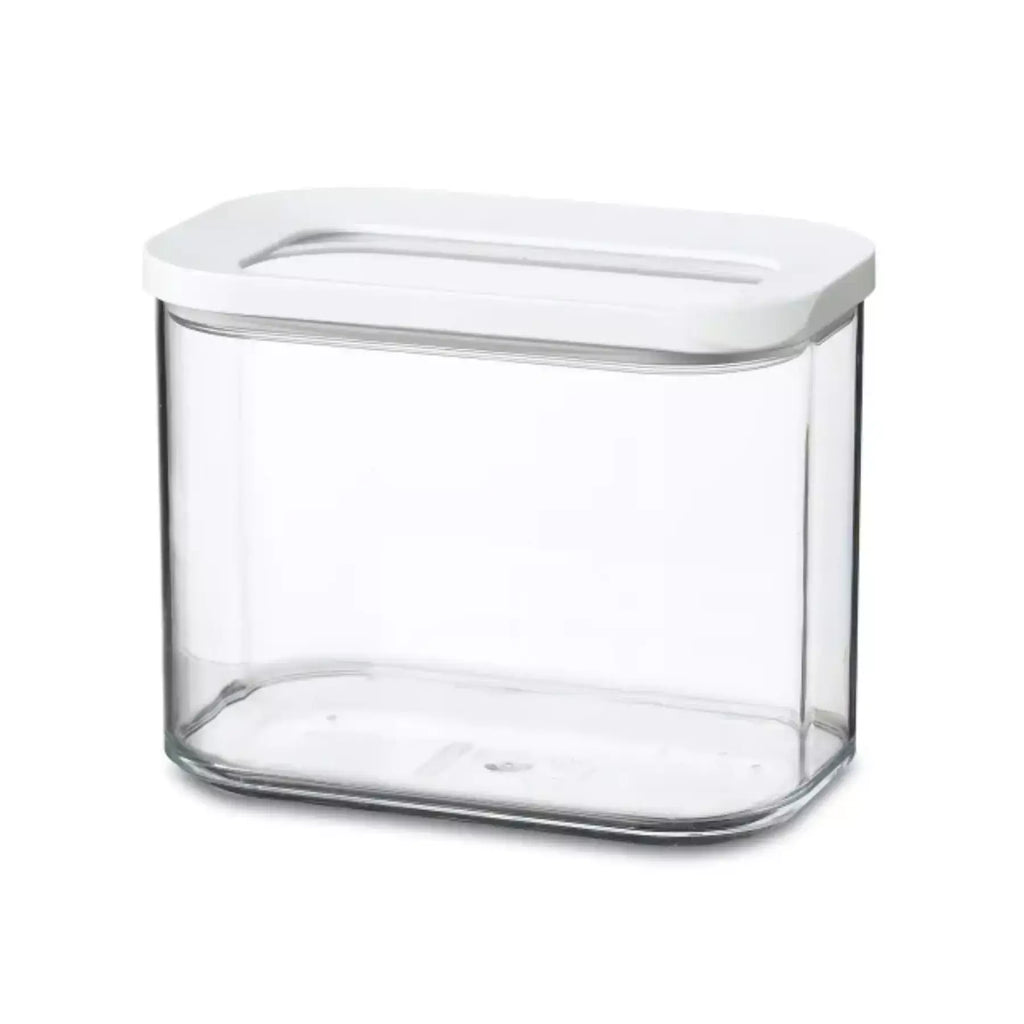 Clear storage container with a white lid on a white background