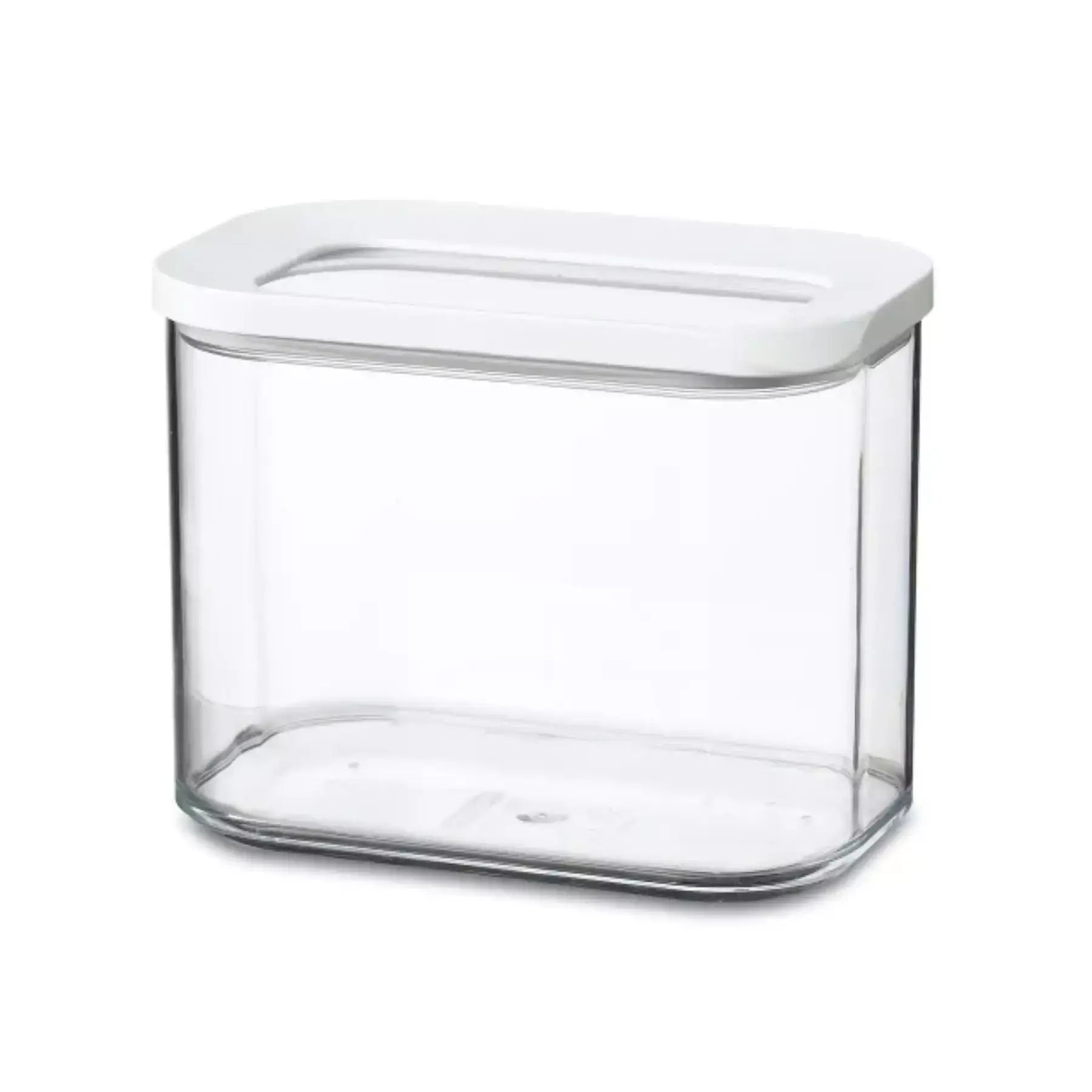 Clear storage container with a white lid on a white background