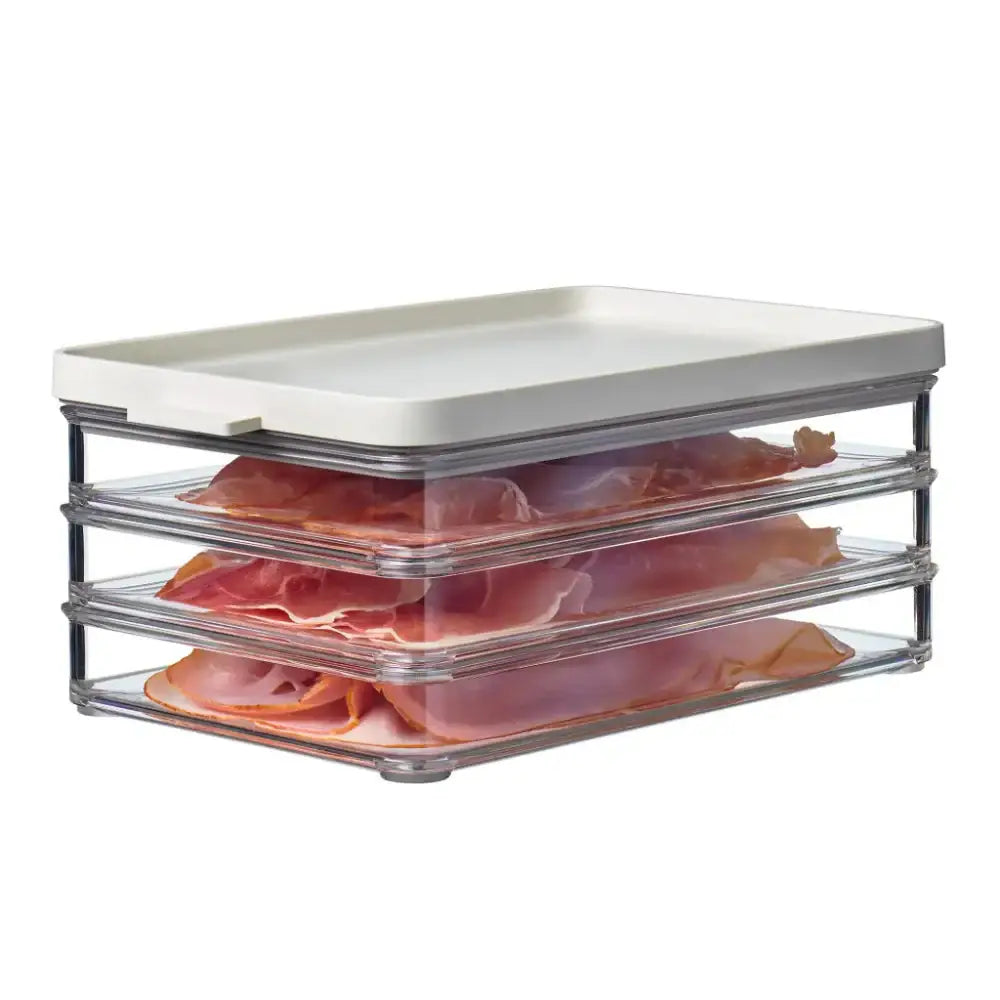 Container with slices of meat on a white background