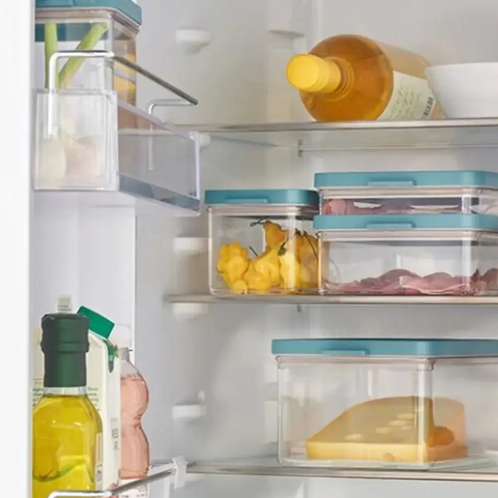 Open refrigerator with food storage containers on shelves