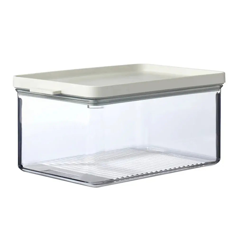 Clear storage container with a white lid on a white background