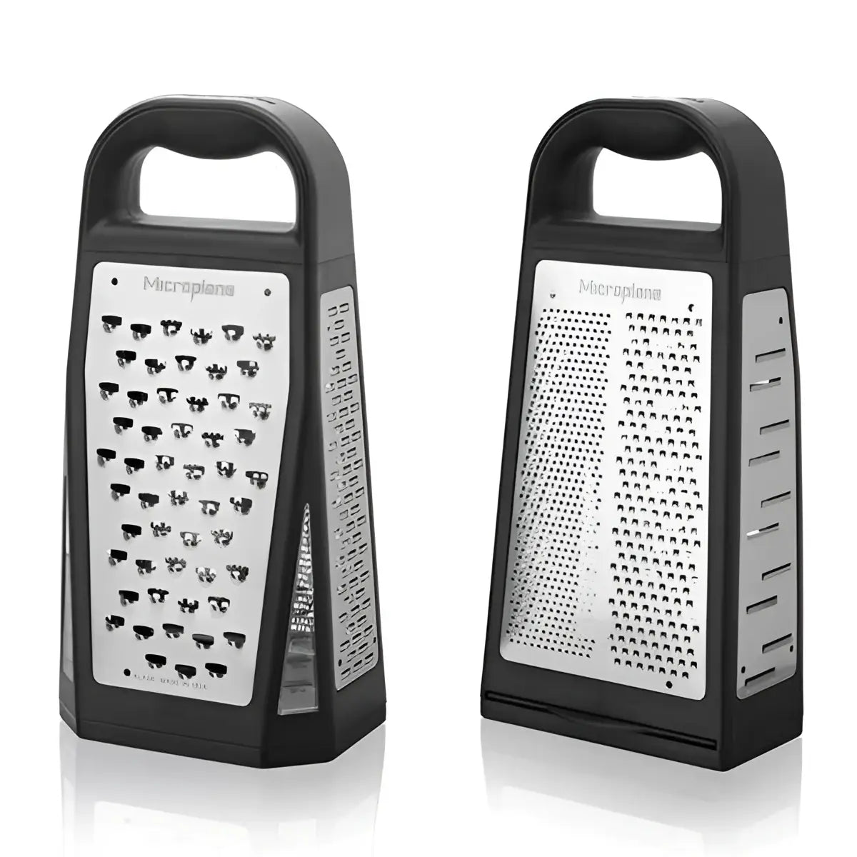 Two box graters with different types of grating surfaces on a white background