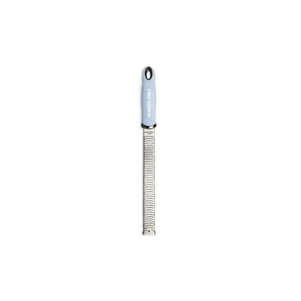 Microplane premium classic zester red with light blue handle stainless steel body fine holes for zesting or shredding