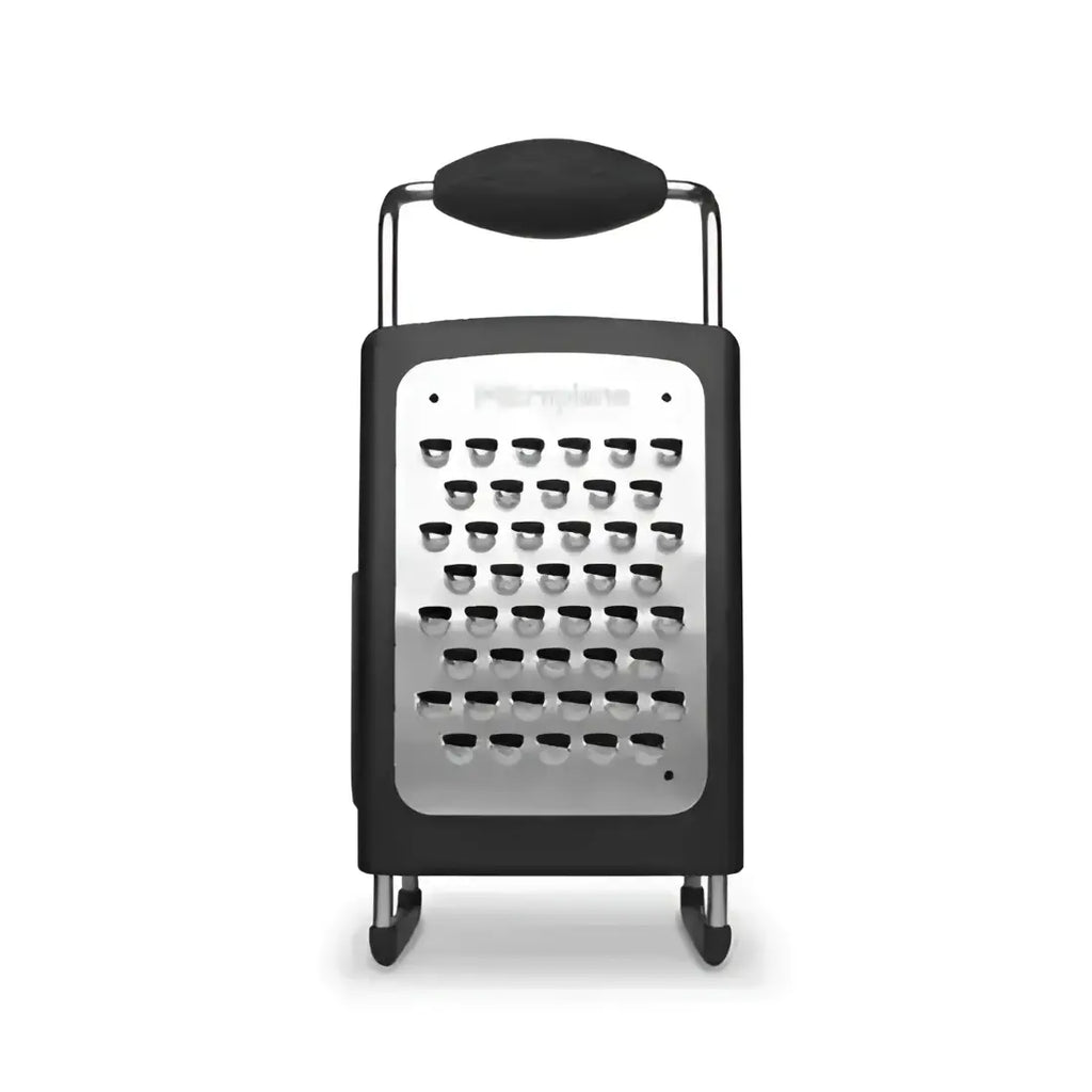Black and silver box grater with 'Microplane' branding on a white background
