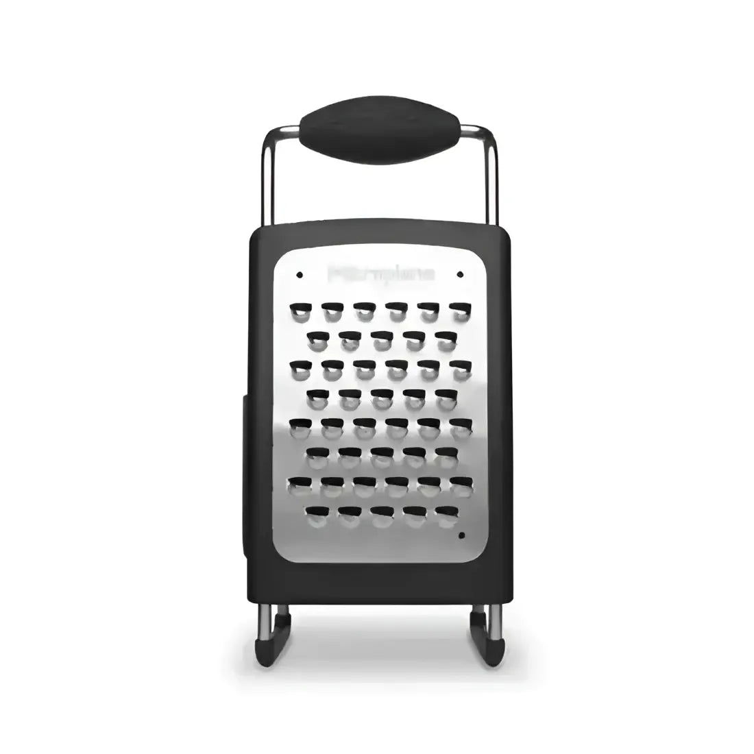 Black and silver box grater with 'Microplane' branding on a white background
