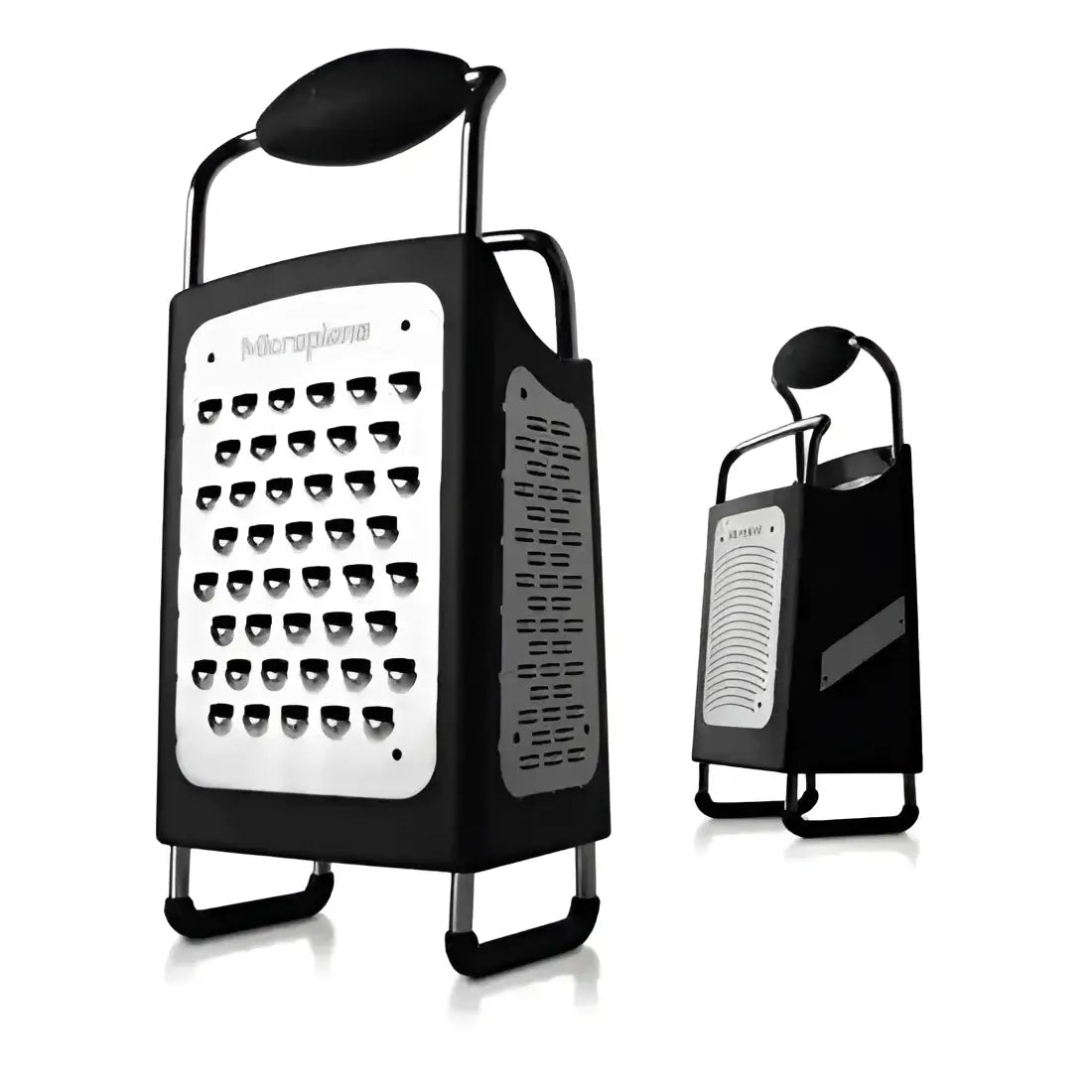 Black and silver box grater with stand on a white background