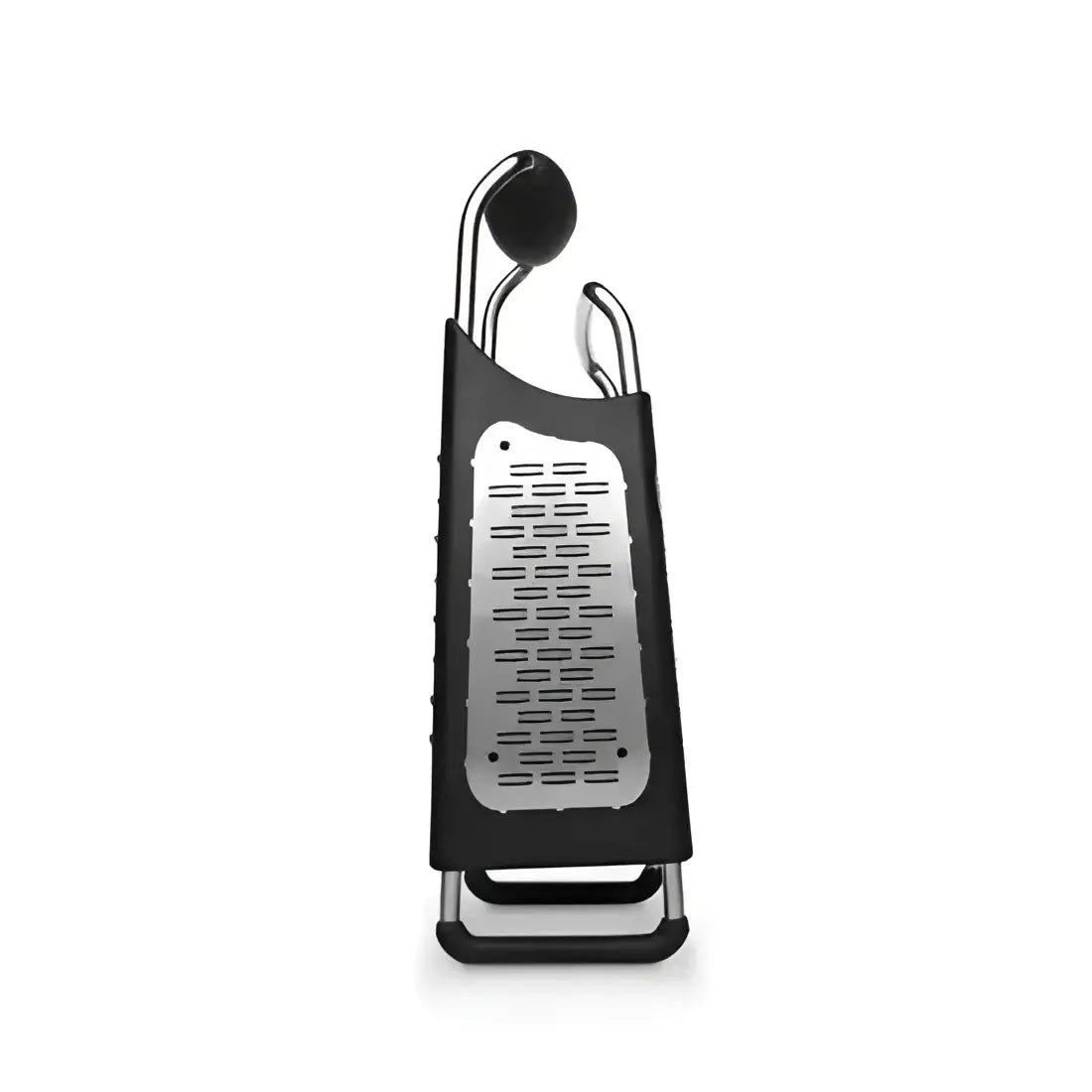 Black and silver kitchen tool with a spoon and ladle on a white background