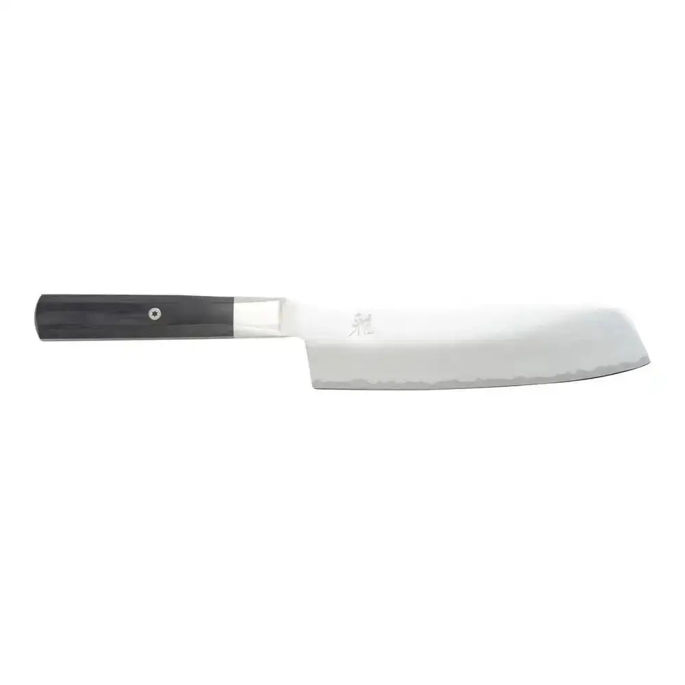 Knife with a black handle and white blade on a white background
