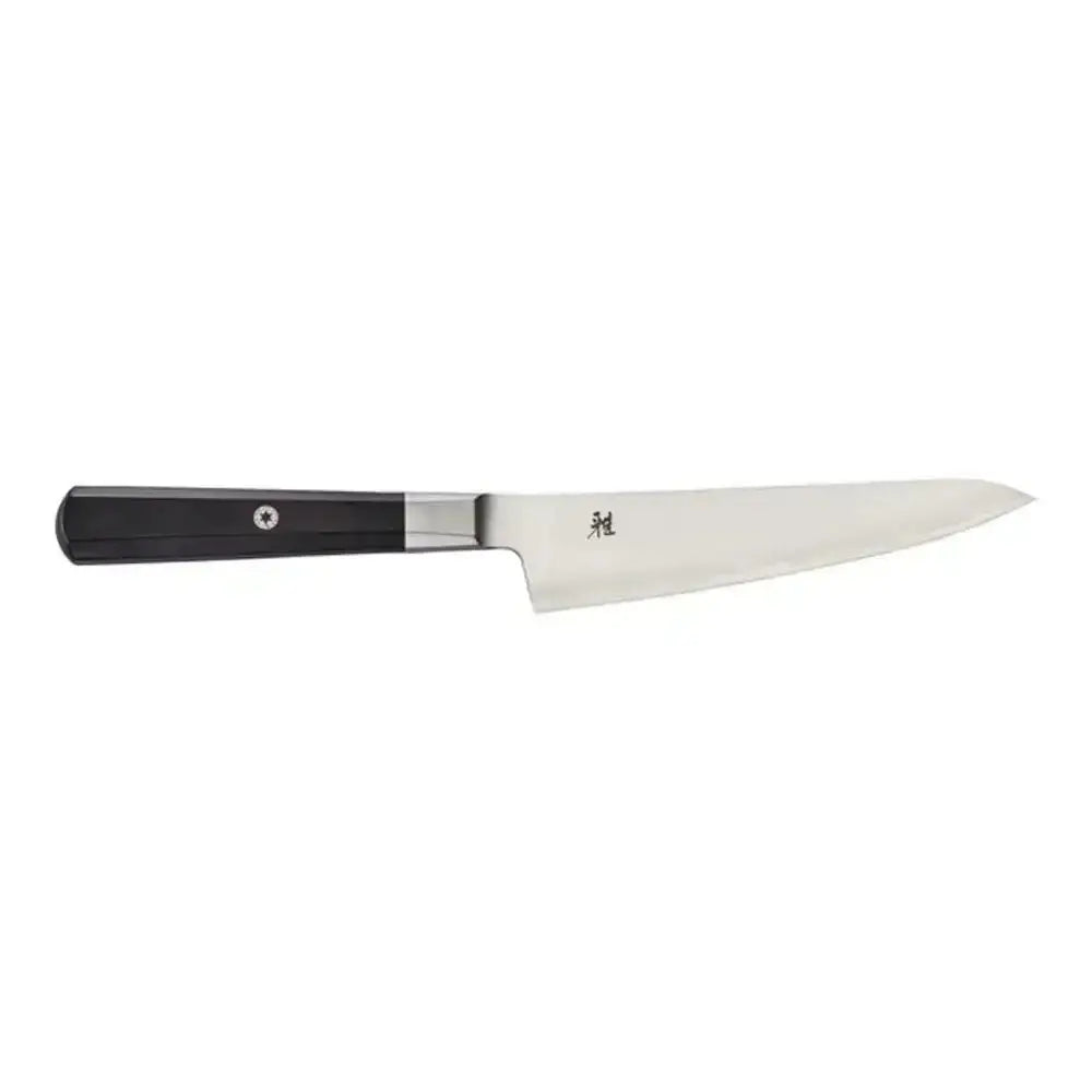 Chef's knife with black handle and silver blade on a white background