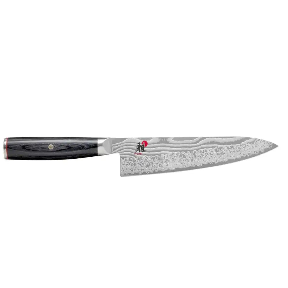 Miyabi 5000fcd gyutoh chef’s knife 20cm with black handle and fc61 fine carbide steel blade with damascus pattern