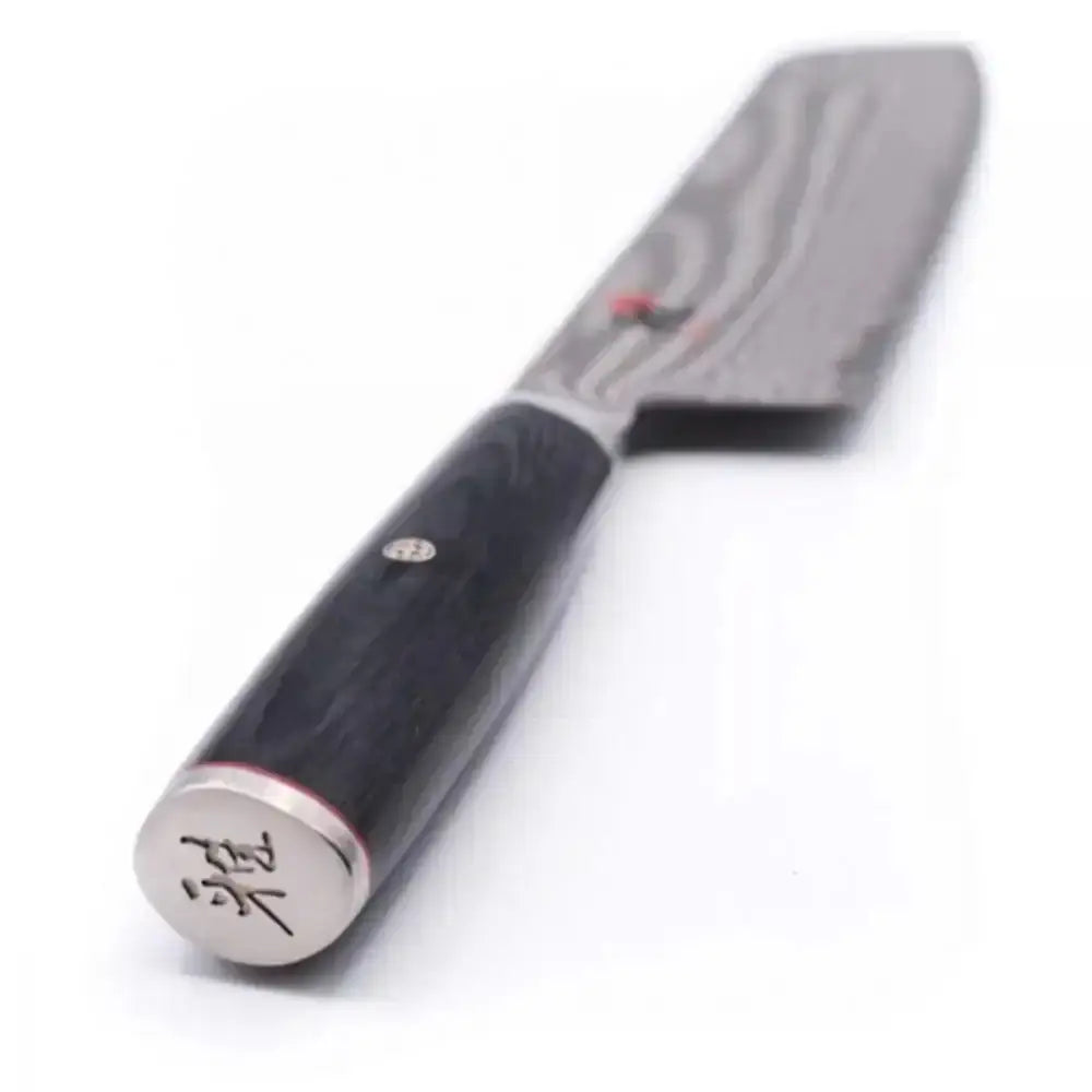 Japanese knife with a black handle and silver blade on a white background