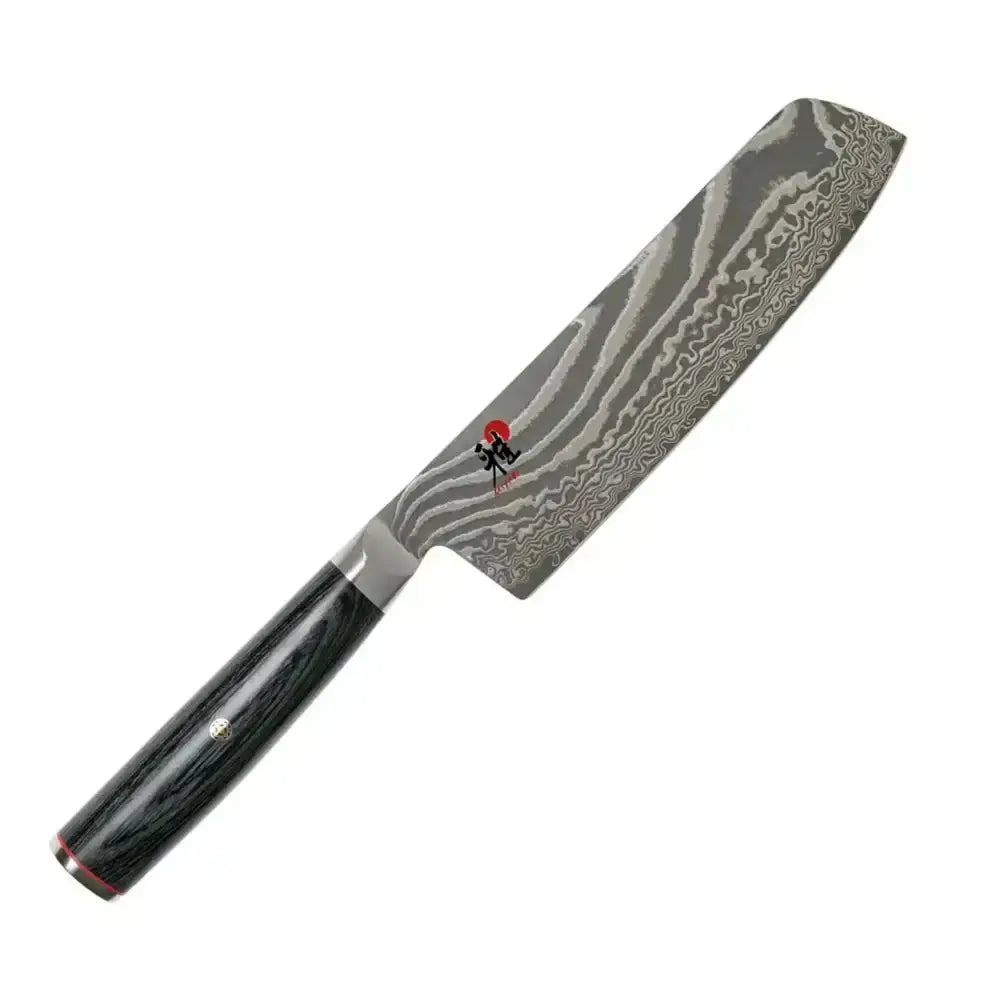  Damascus steel kitchen knife with a black handle on a white background