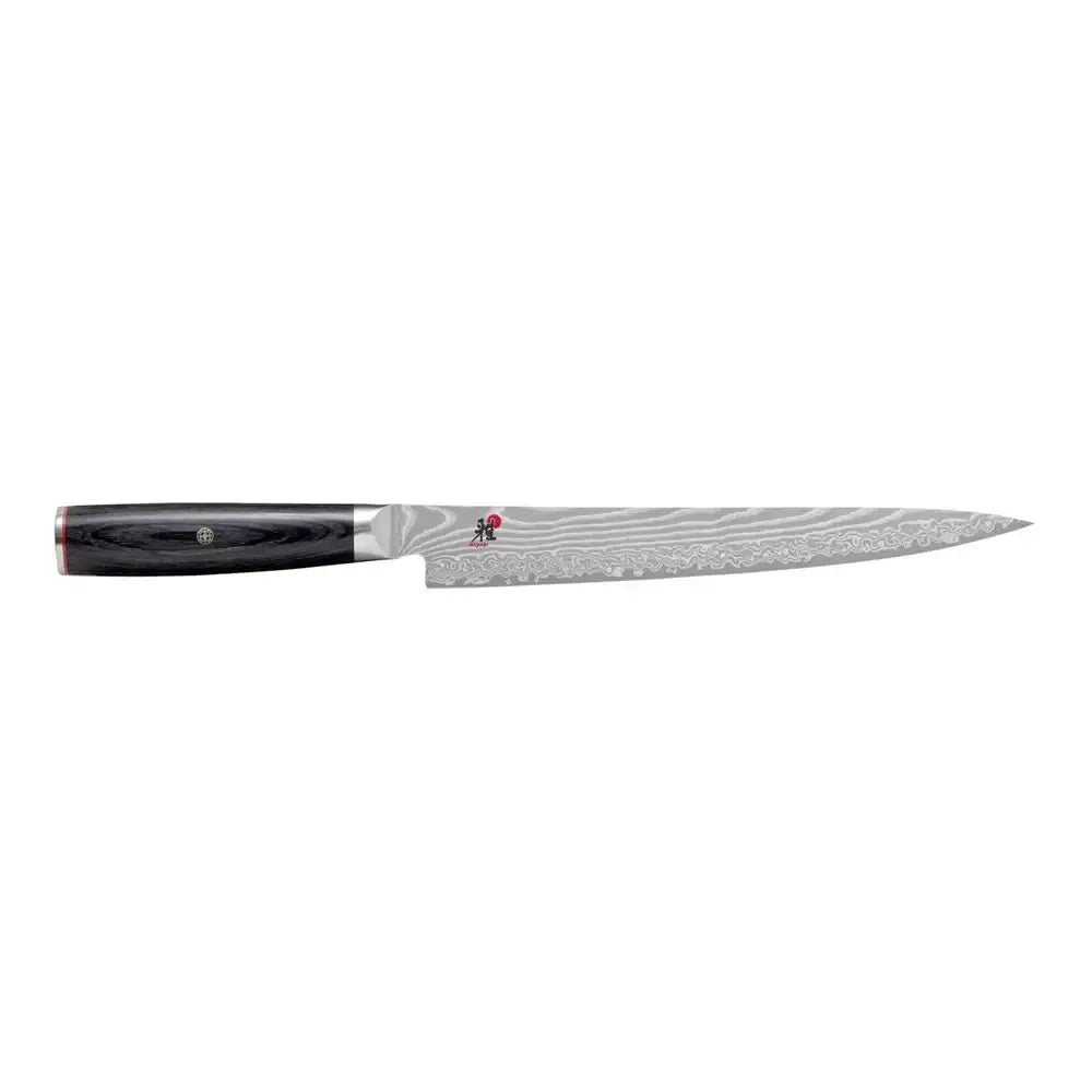 Chef's knife with a black handle on a white background