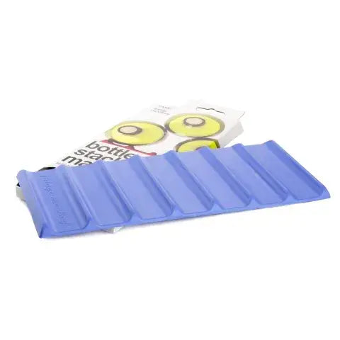 Blue bottle stand with packaging on a white background