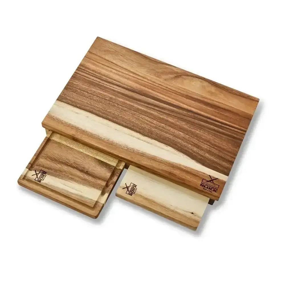Set of wooden cutting boards with a visible brand logo on a white background