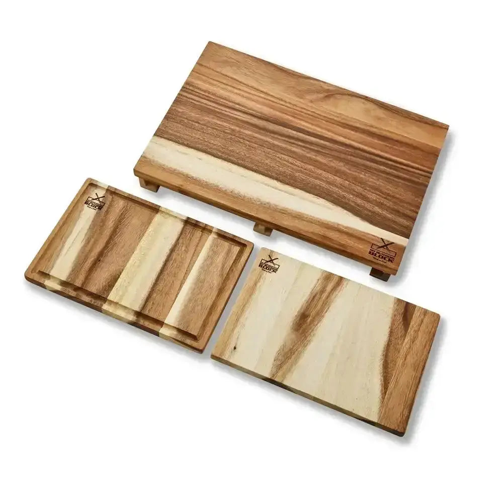 Set of three wooden cutting boards with visible brand logo on a white background