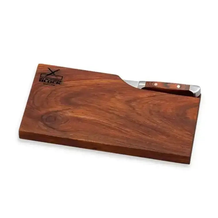 Wooden cutting board with knife on a white background