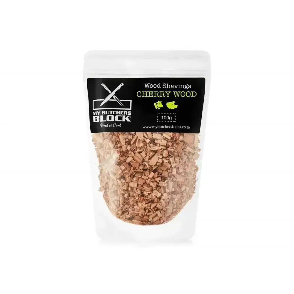Packaged cherry wood shavings with 'My Butcher's Block' branding on a white background