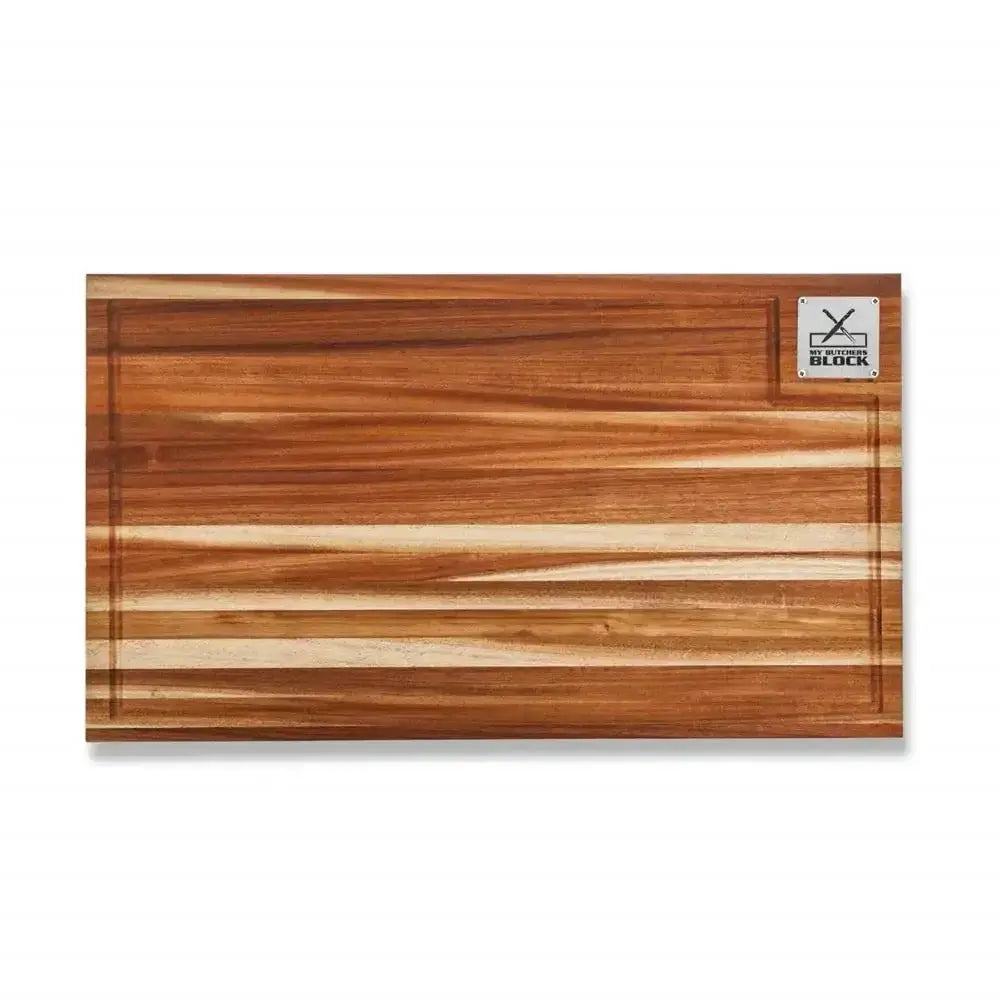 Wooden cutting board with a brand logo on a white background