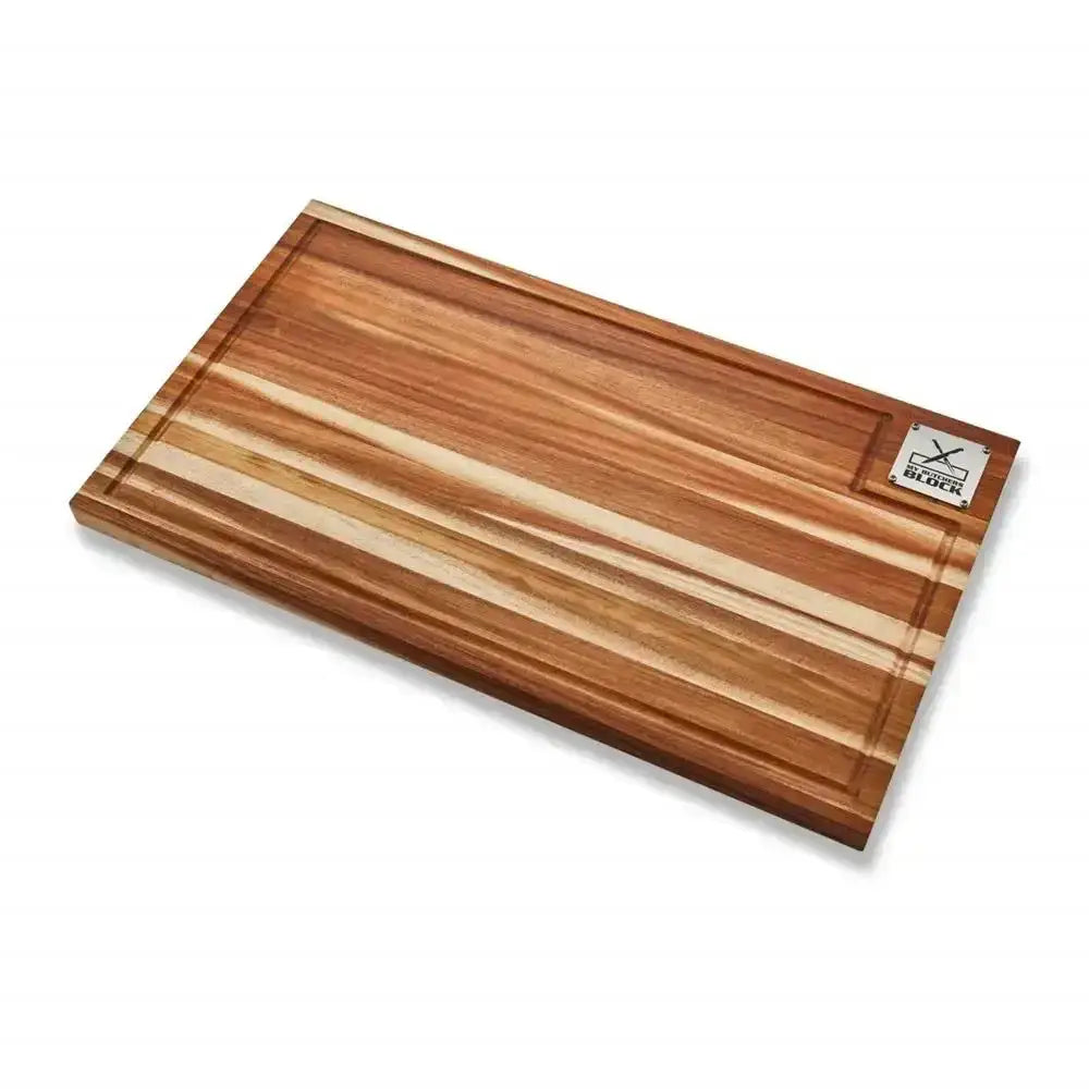 Wooden cutting board with a brand logo on a white background