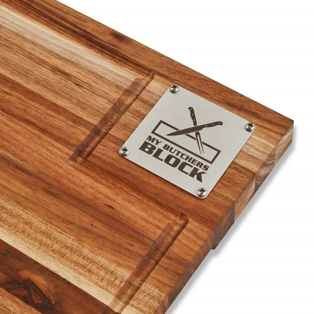 Wooden cutting board with 'My Butchers Block' logo on a white background