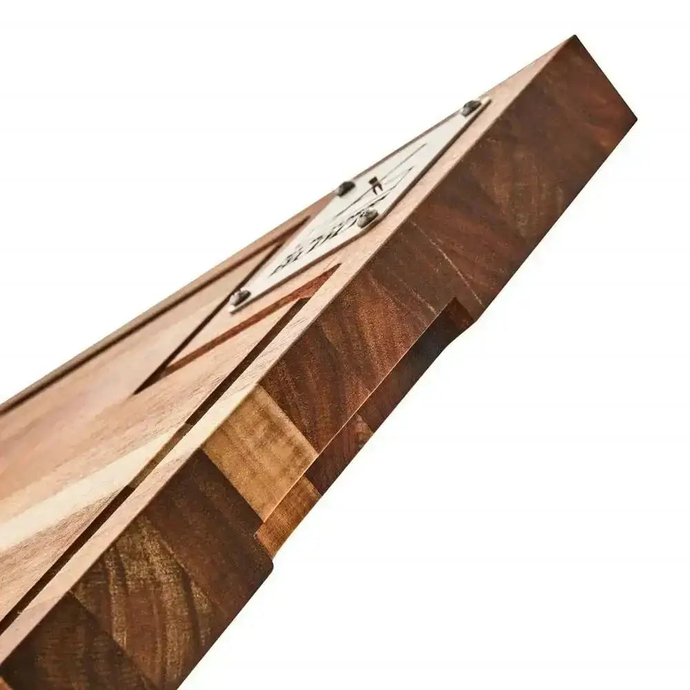 My Butchers Block Grand Daddy Jnr chopping board is a sleek dark brown wooden board with polished finish and metallic accents